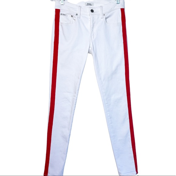 POLO RALPH LAUREN Tompkins Skinny White Denim Jeans with Red Leg Stripe Size 26